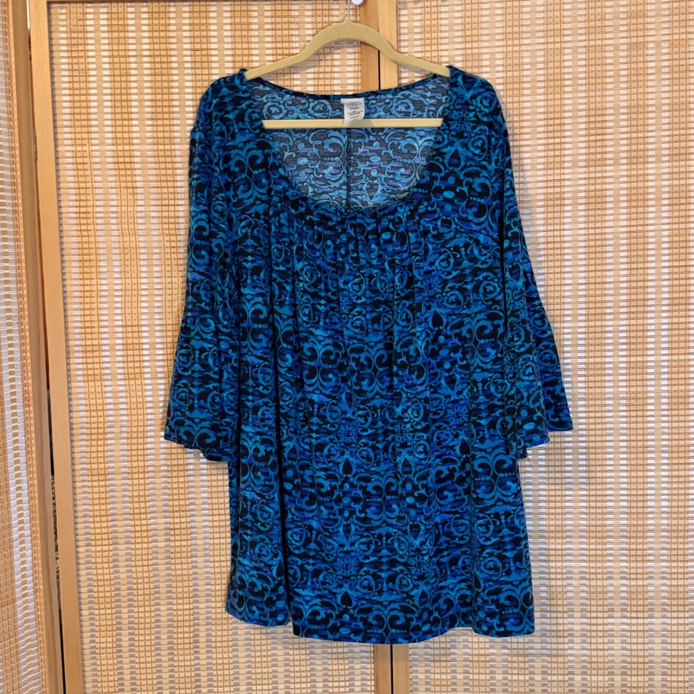 JMS Just My Size Blue Damask Print Scoop Neck Bell Sleeve Tunic Top 3X Bohemian